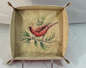 Large Unique Embroidered Cardinal Jewelry Valet Tray | Chic White Cork & Red Crocodile Faux Leather Organizer measures 6x6 Snapped