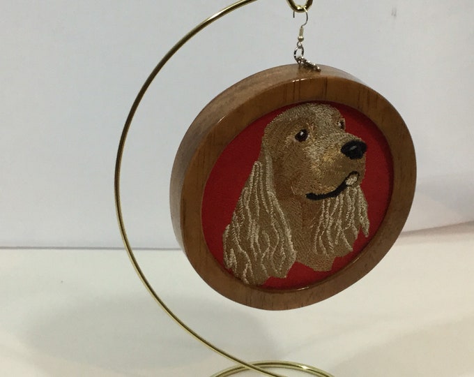 Custom Handmade American Cocker Spaniel Head Ornament - Red Faux Suede Fabric, Cherry Stain Wood Frame - Perfect Gift for Dog Lovers!