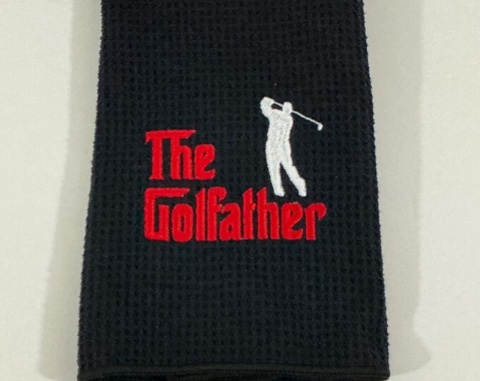 The Golfather Embroidered Golf Towel: Black Trifold Sports Towel with Carabiner - Color Variant 1