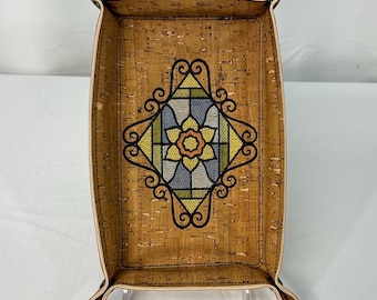 Embroidered Stained Glass Daffodil Jewelry Organizer Tray | Large Floral Travel Accessory | Lays Flat for Travel | Dice Tray & Desk Catchall