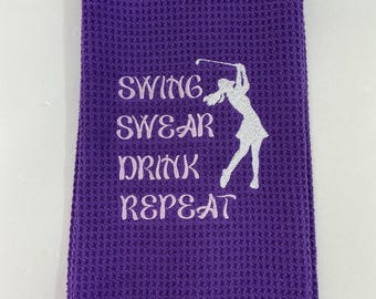 Stylish Purple Golf Towel for Women | Embroidered Swing Swear Drink Repeat Design | Carabiner and 1-Grommet | Unique Gift Idea