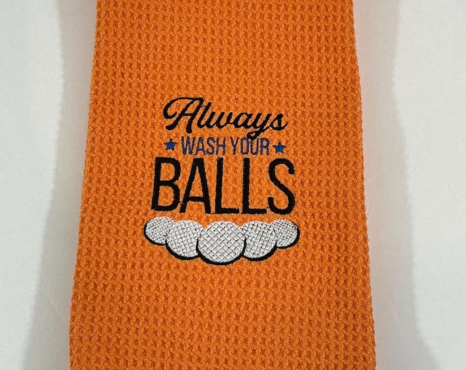 Humorous Golf Towel - Orange Microfiber 'Always Wash Your Balls' with Carabiner Clip
