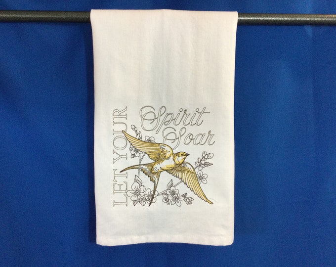 Kitchen Towel - Gold Soaring Swallow Medley Embroidered Towel 28” x 20”, Bird Lover, 100% Cotton Towel-Back Hanging Tab-Let Your Spirit Soar