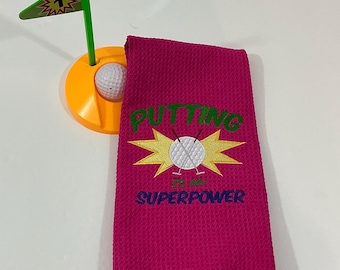 Pink Putting Is My Superpower Golf Towe: Tri-Fold-Women's Sports Towel with Carabineer