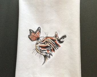 Purr-fectly Poised Monarch & Kitten Embroidered Kitchen Towel - Cat Lover Gift - Eco-Friendly, Kitchen Decor, Monarch Lover Dish Towel