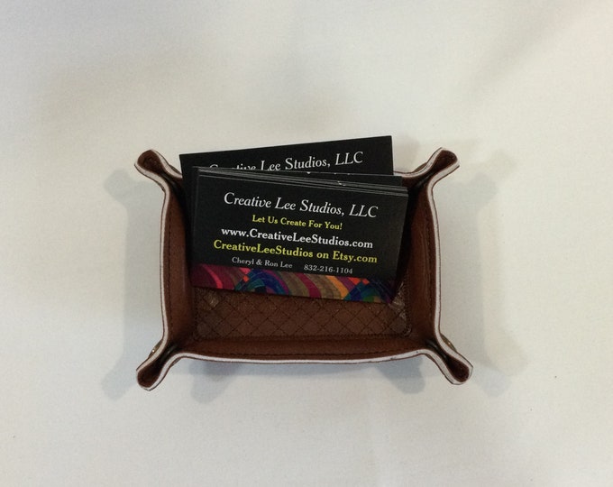Snap Valet Tray - Business Card Crosshatch-Snapped 4" x 2.5" - X-SMALL-Lays Flat When Traveling-Interior and Exterior Brown Faux Leather