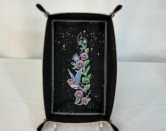 Embroidered Bluebird & Morning Glories Catchall Tray, Large Travel-Friendly Cork Valet Tray, Lays Flat in Suit Case, Jewelry Dish, Dice Tray