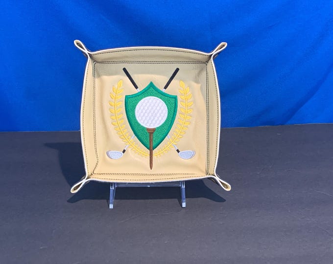 Valet Tray-Golf Crest Design-Snapped 6"x6" Square LARGE-Beige & Black Faux Leathers Valet Tray-Travel Catchall Tray-Lays Flat