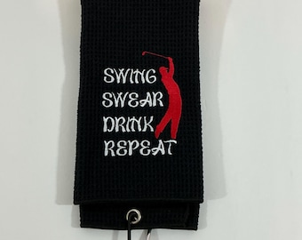 Embroidered Golf Towel - Swing Swear Drink Repeat, Black Microfiber, Trifold with Carabiner 16"x24" for Dad
