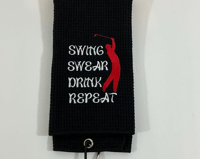 Embroidered Golf Towel - Swing Swear Drink Repeat, Black Microfiber, Trifold with Carabiner 16"x24" for Dad