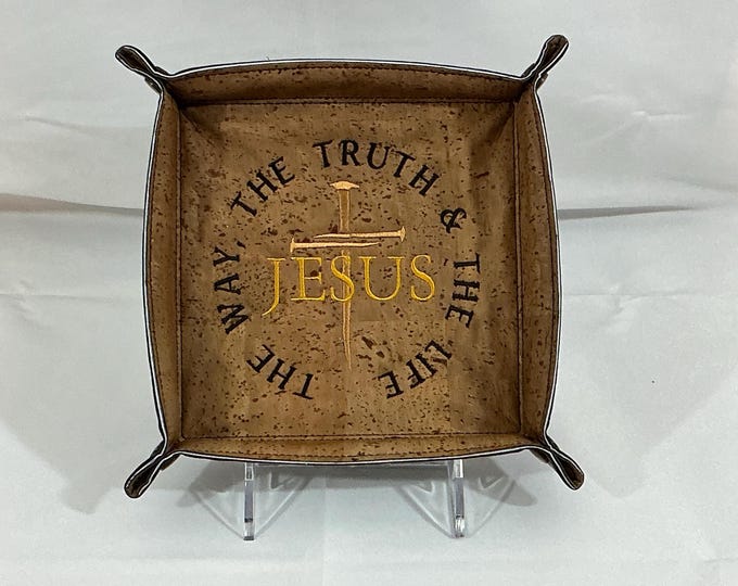 Large Religious Travel Organizer: Embroidered 'The Way, The Truth & The Life' Cross with Jesus - Brown Cork and Brown Faux Leather