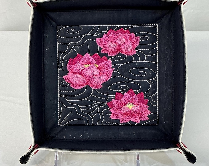 Lotus Sashiko Design Valet Tray, Cork Jewelry Organizer, Medium Dice Tray, Flowers, Travel Accessories Gift for Her