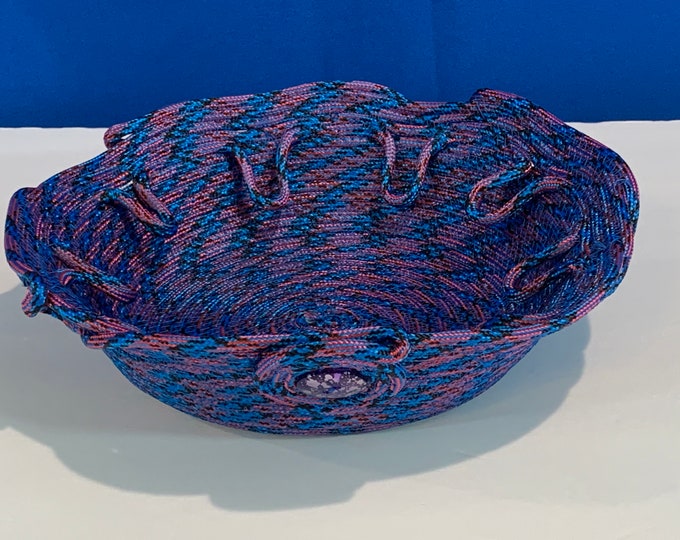 Rope Bowl - Blue Vortex Round Bowl-Decorative Purple Button-Diamond Braided Poly Rope-9.5" W x 9.25" L x 2.5"D-Blue-Pink-Black Swirl Pattern