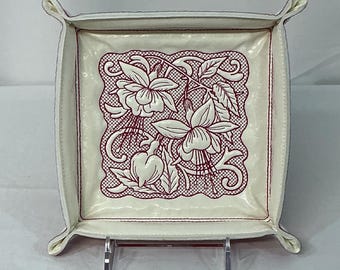 Embroidered Fuchsia Flower Catchall Tray - Medium Trapunto Jewelry Organizer & Dice Holder
