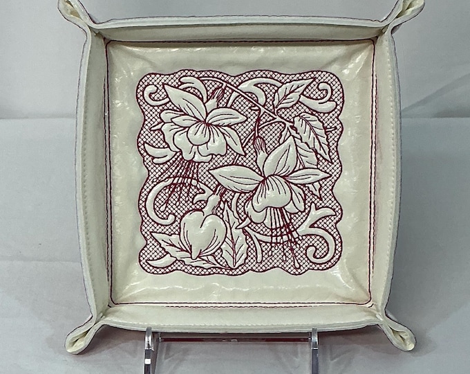 Embroidered Fuchsia Flower Catchall Tray - Medium Trapunto Jewelry Organizer & Dice Holder