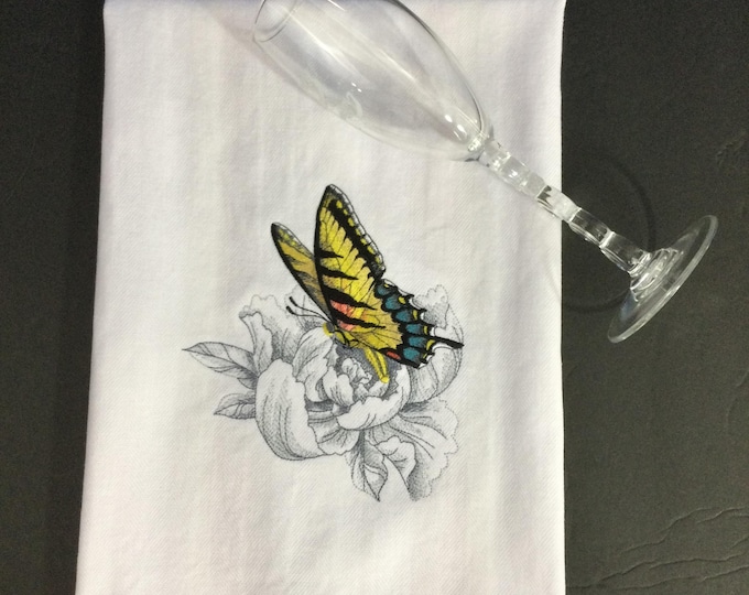 Secret Garden Peony and Butterfly Kitchen Towel - White with Red Stripes, 28x20-Gift Ready-Butterfly Lover-Gardener-Natural Elegance