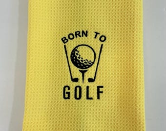 Embroidered Golf Bag Towel - Born to Golf | Yellow Microfiber with Grommet & Carabiner | Perfect Golf Gift for Dad!
