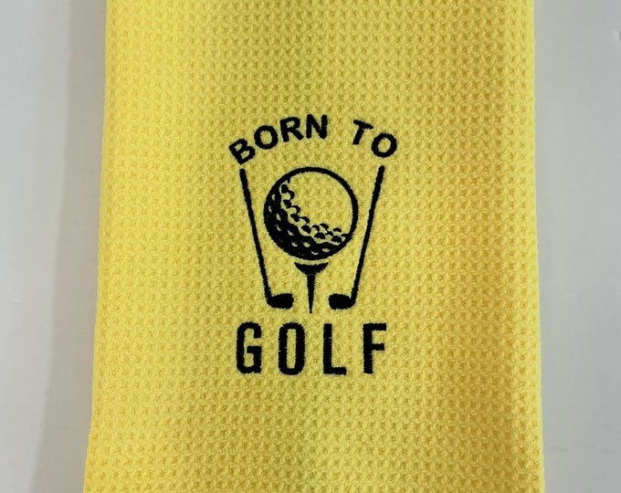 Embroidered Golf Bag Towel - Born to Golf | Yellow Microfiber with Grommet & Carabiner | Perfect Golf Gift for Dad!
