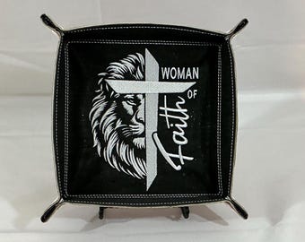 Faith Inspired - Large Embroidered Travel Organizer: Woman of Faith Lion & Cross Tray in Black Cork and Dark Red Faux Leather