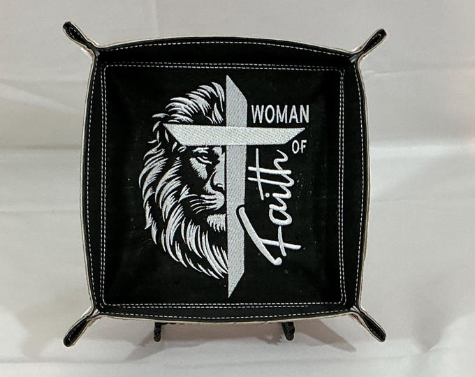 Faith Inspired - Large Embroidered Travel Organizer: Woman of Faith Lion & Cross Tray in Black Cork and Dark Red Faux Leather