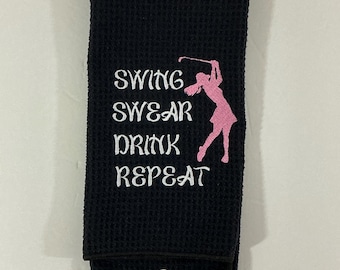 Embroidered Woman's Swing Swear Drink Repeat Microfiber Golf Towel - Black, 16x24, includes Carabiner
