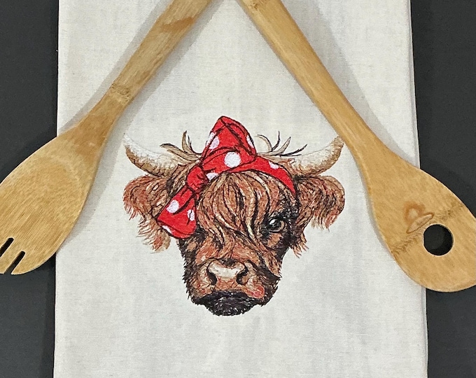 Embroidered Scottish Highland Cow Kitchen Towel: Sassy Home Decor