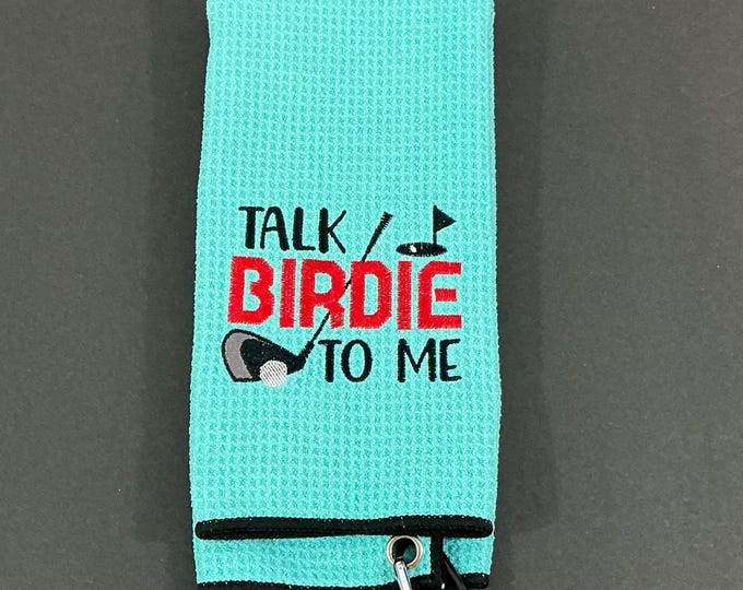 Aqua Soft Microfiber Golf Bag Towel - Talk Birdie To Me Design with Carabineer (1 Metal Grommet) - 16x24 Waffle Texture