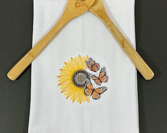 Embroidered Sunflower Kitchen Towel: Monarch Butterfly Cotton Dish Towel