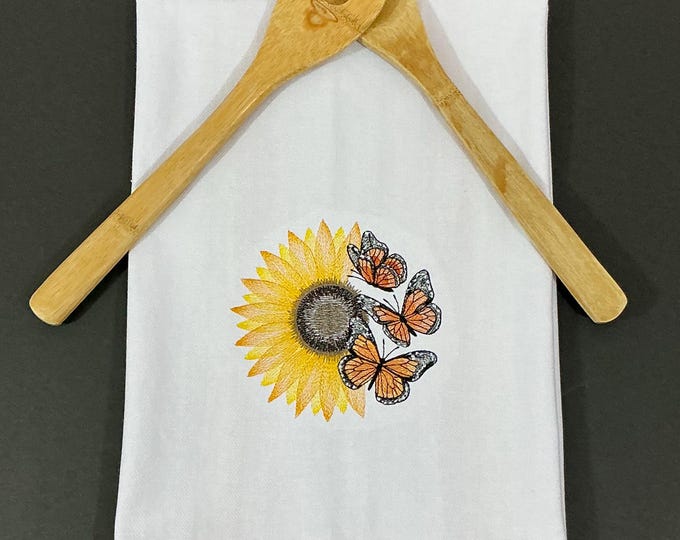 Embroidered Sunflower Kitchen Towel: Monarch Butterfly Cotton Dish Towel