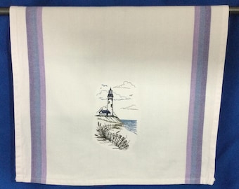 Kitchen Towel - Idyllic Lighthouse Etching Embroidered Towel-Beach Themed, Dish Towel-Back Hanging Tab-28” x 20”