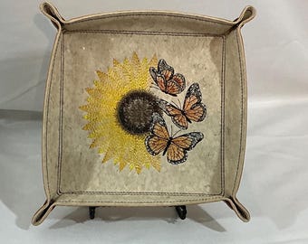 Nature Inspired Sunflower and Monarch Butterflies Travel and Home Catchall Tray on White Portuguese Cork and Gold Tonal Faux Leather