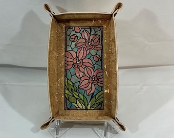 Elegant Medium Orchid Valet Tray: 5x8 Stained Glass with Portuguese Cork with Gold Accents Interior and Gold Tonal Faux Leather Exterior