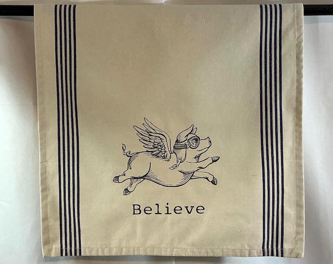 Funny Embroidered 'Believe Pigs Can Fly' Kitchen Towel | Gag Gift for Housewarming, White Elephant, Birthdays