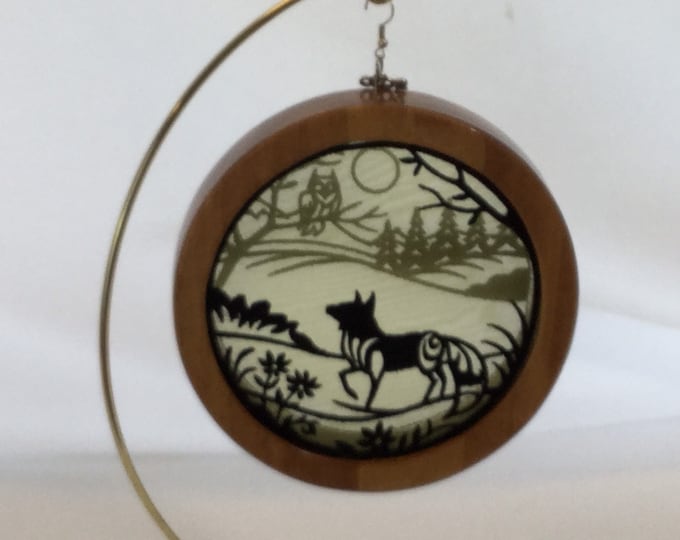 3-D Fox Silhouette Ornament; Fox in the Forest, 2022 Charm, Organza Art; Framed Ornament; Embroidered Organza - IPFG-000120