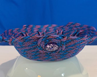 Rope Bowl - Blue Vortex Round Bowl-Decorative Purple Button-Diamond Braided Poly Rope-9.5" W x 9.25" L x 2.5"D-Blue-Pink-Black Swirl Pattern