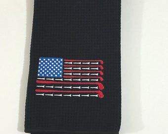 Embroidered Golf USA Flag Towel - Black Tri-Fold Sports Accessory with Carabineer