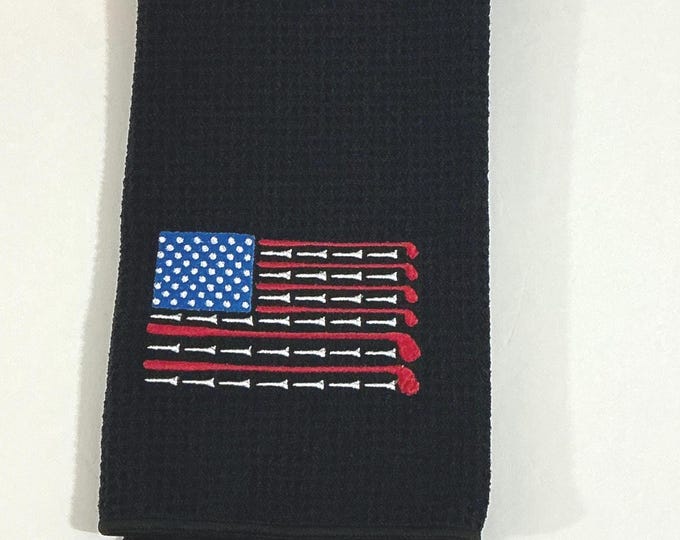 Embroidered Golf USA Flag Towel - Black Tri-Fold Sports Accessory with Carabineer