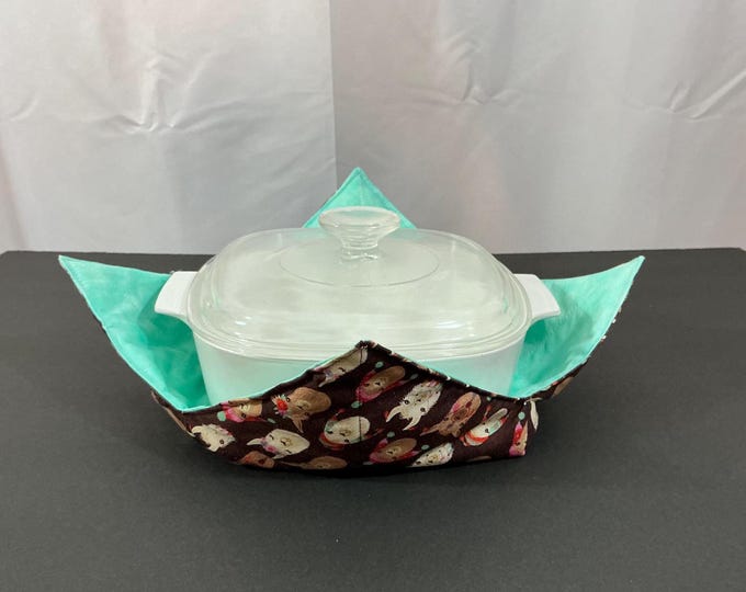 X-Large Llama Gang with Aqua Marble Fabric Microwave Bowl Cozy, 12" Bottom-14" Top Diameter, Senior Hot Bowl Holder-Ice Cream Cozy-Hot Pad