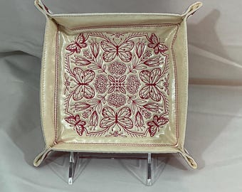 Catchall Tray in Large 6x6 Size - Butterfly Design - Pearl & Red Crocodile Faux Leathers - Lay Flat for Travel