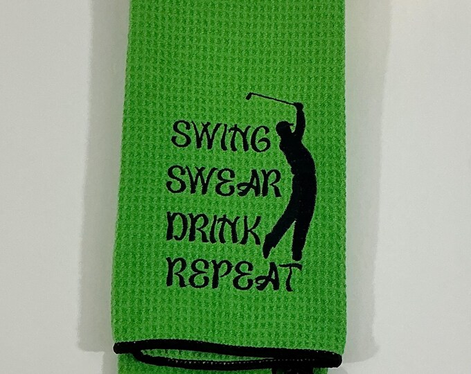 Golf Towel - Swing Swear Drink Repeat | Green Microfiber Waffle Towel 16"x24" for Dad with Carabiner