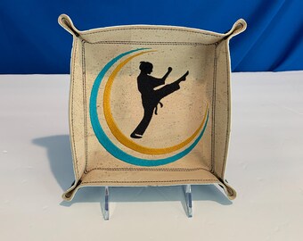 Large Fierce Female Martial Arts Catchall Tray-Portuguese White Cork-Turquoise Crocodile Faux Leather- Practical Organizer for Home & Travel