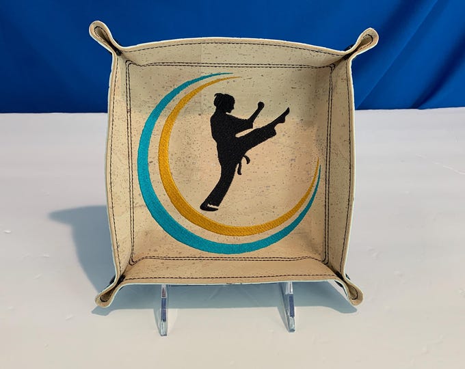Large Fierce Female Martial Arts Catchall Tray-Portuguese White Cork-Turquoise Crocodile Faux Leather- Practical Organizer for Home & Travel