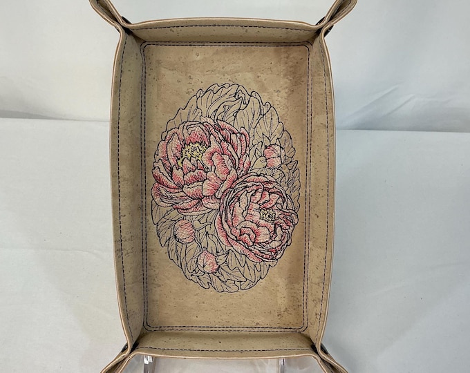 Large Embroidered Large Peonies Cork Valet Tray, Flower Travel Catchall, Boho Home Decor, Travel and Desk Organizer, Dice Tray
