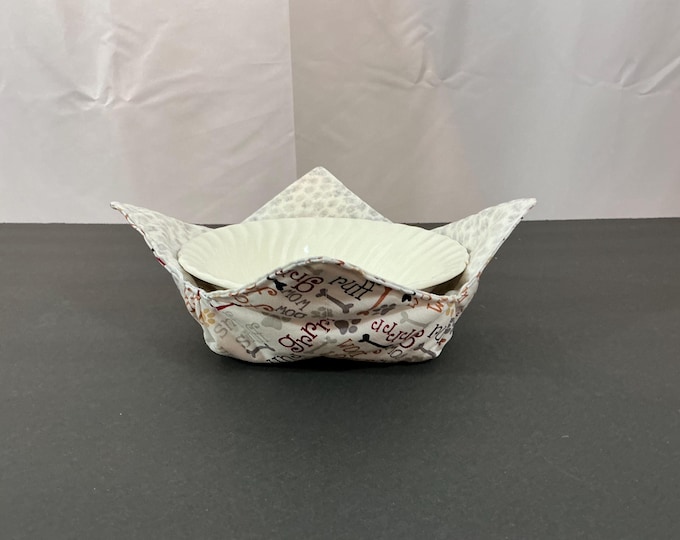 Medium Dog Woof & Bones Microwave Bowl Cozy, 10" top - 6" Bottom Diameters-Leftover Bowl Pad-Ice Cream Bowl Pad-Reversible-Microwavable Safe