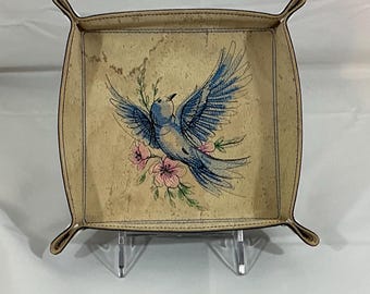Large Embroidered Mountain Bluebird Jewelry Tray: Cork Organizer with Navy Faux Leather Catchall with Snaps
