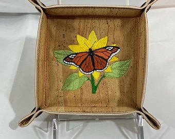 Small Embroidered Butterfly & Daisy Valet Tray - 4.5x4.5 Portuguese Cork and Faux Leather Catchall