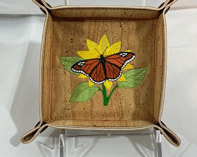 Small Embroidered Butterfly & Daisy Valet Tray - 4.5x4.5 Portuguese Cork and Faux Leather Catchall
