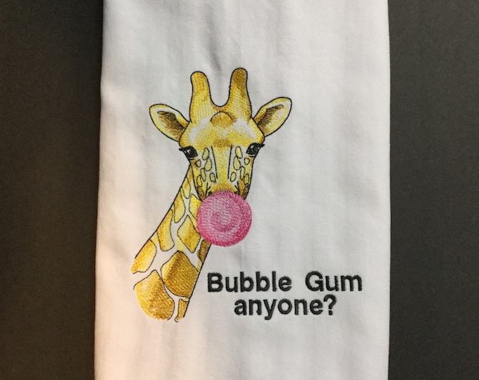 Funny Giraffe Lover's Embroidered Kitchen Towel, Eco-friendly Dish Towel, Gag Gift, Blowing Bubble Gum Lover, Quirky Design, Holiday Gift