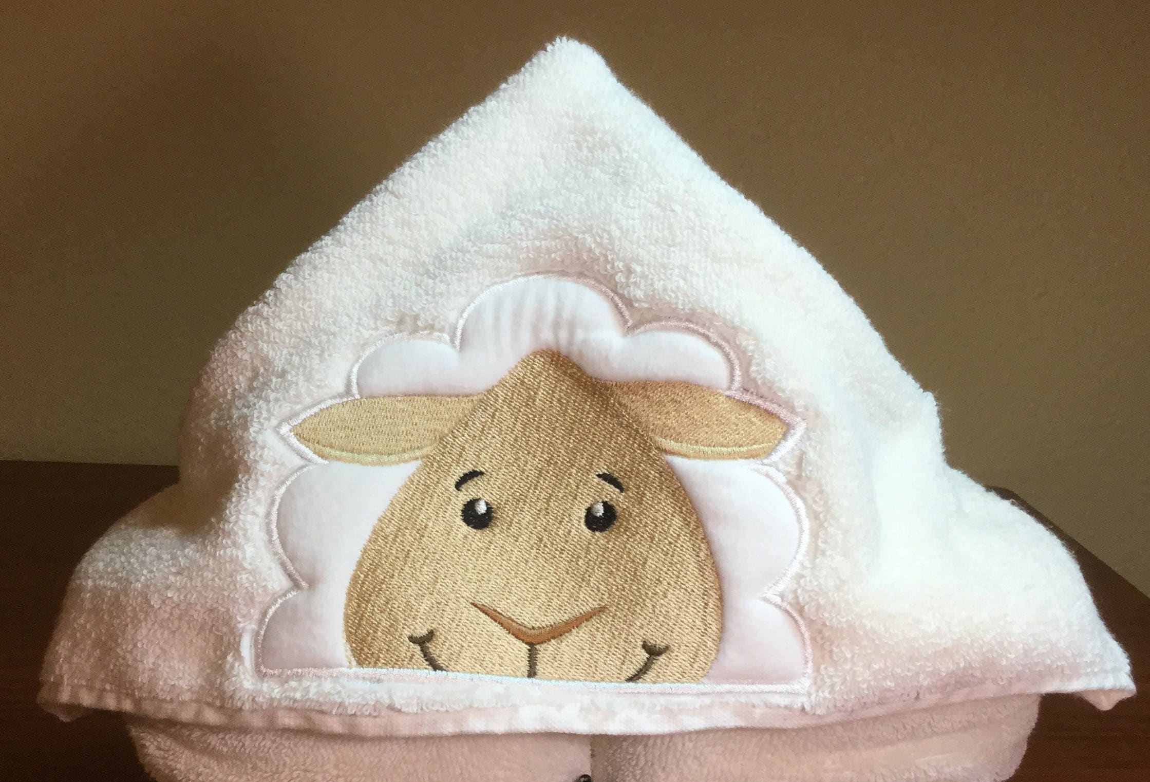 Child's Hooded Towel Lamb Applique with Plush Cream Towel 53 x 29