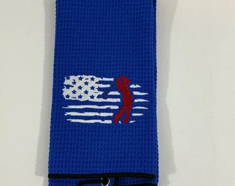 Patriotic Royal Blue Golf Towel - Embroidered American Golfer Design | Accessory for Golf Bags with Carabineer